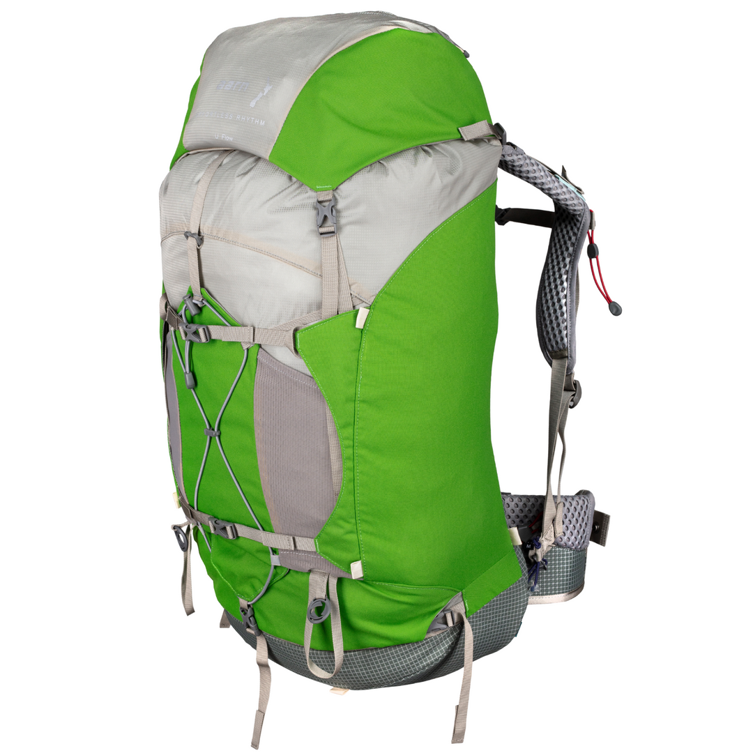 Green and grey hiking pack on a white background