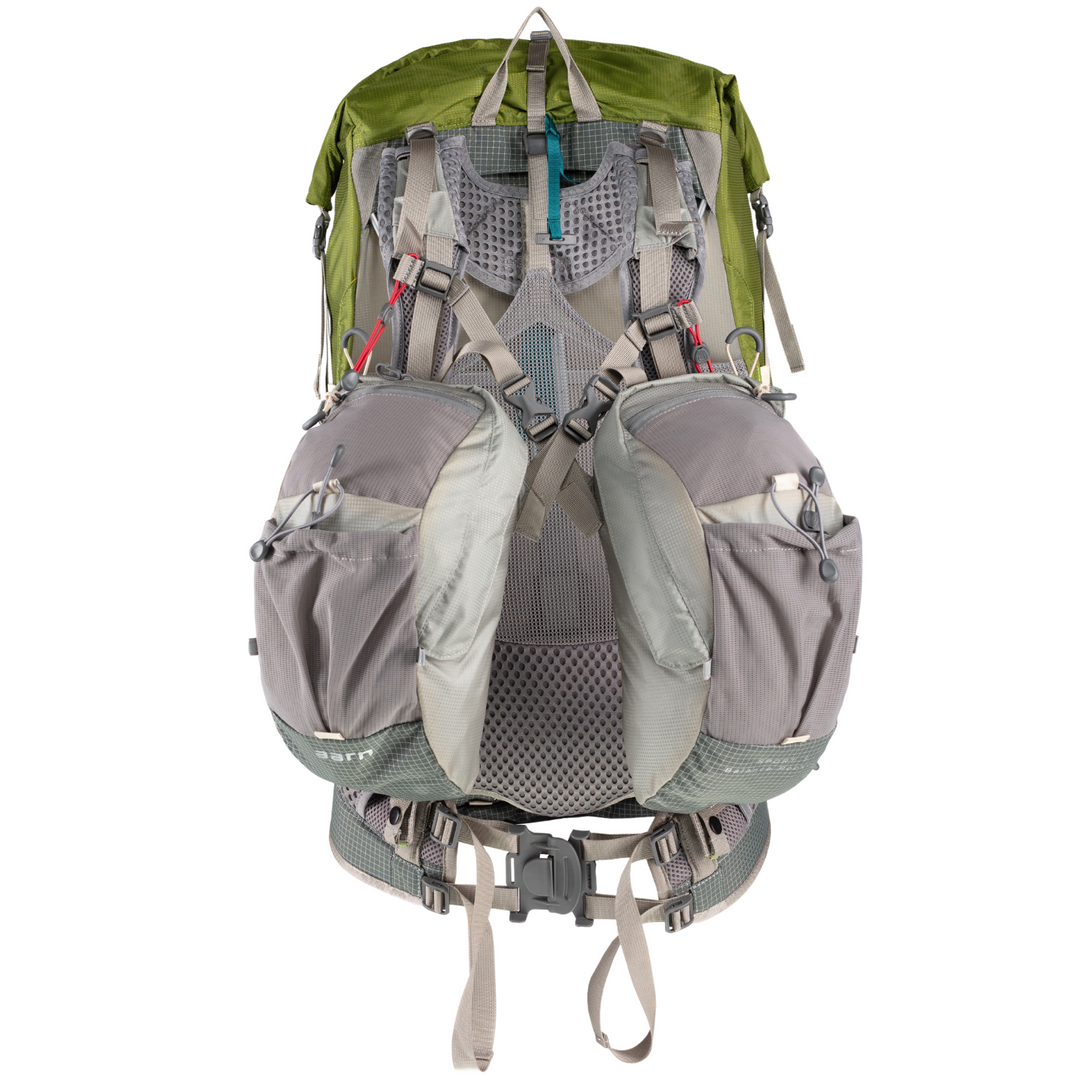 View of the harness of a hiking pack with front pockets