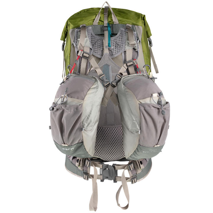 View of the harness of a hiking pack with front pockets