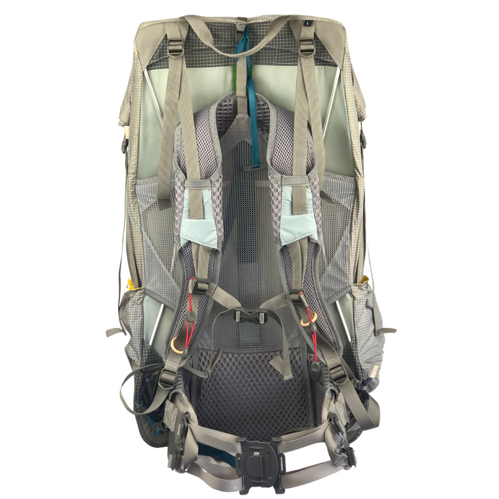 View of the harness of a hiking pack on a white background
