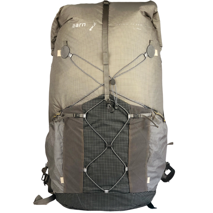 Grey hiking pack on a white background