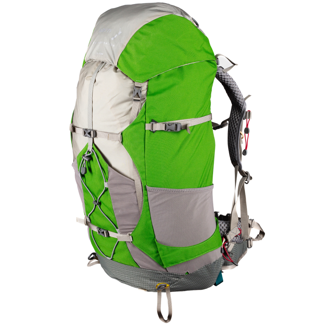 Grey and green hiking backpack on a white background