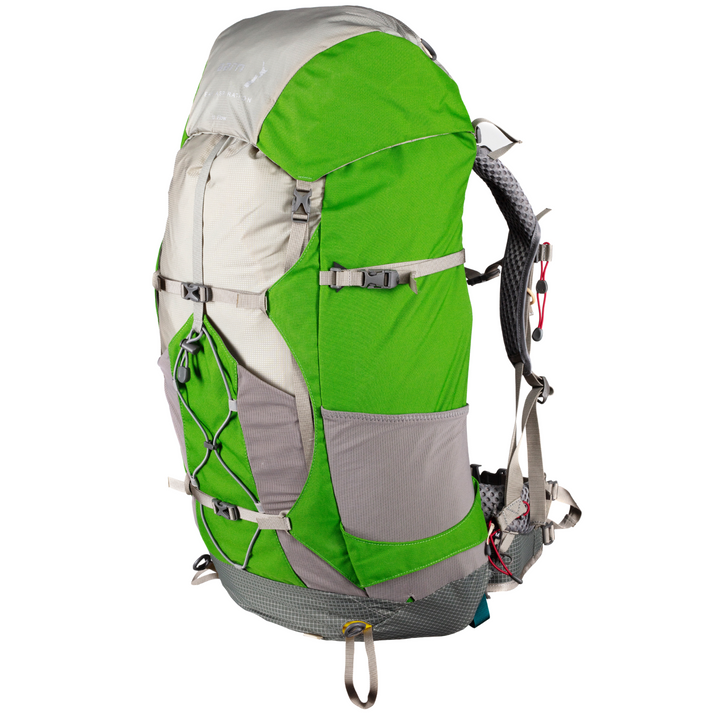 Grey and green hiking backpack on a white background