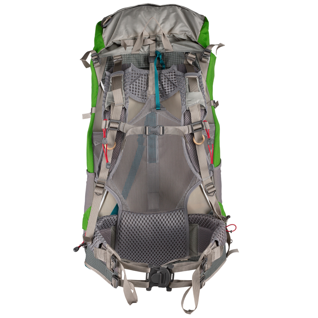 Gray and green hiking backpack on a white background