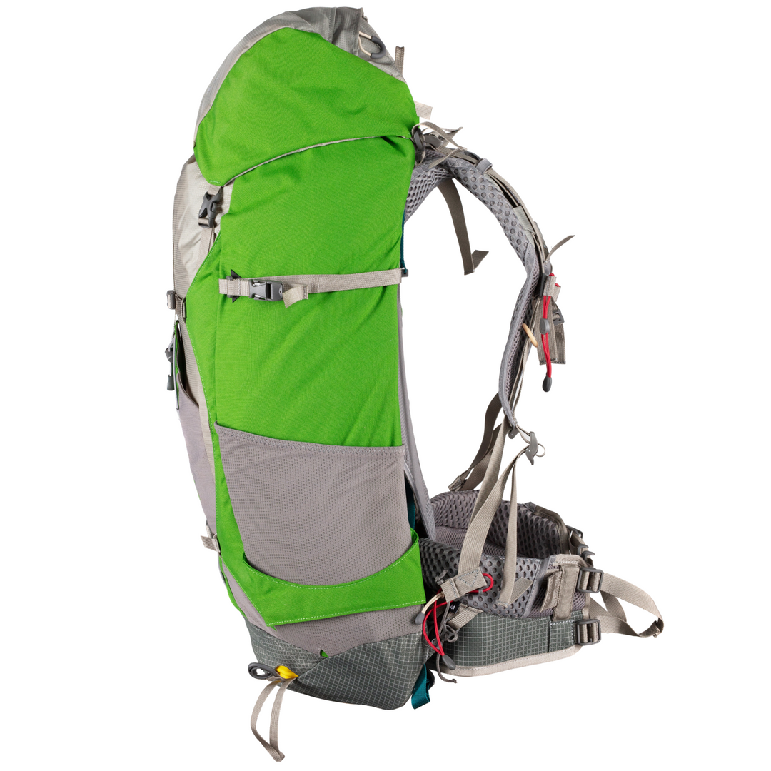 Profile view of a grey and green hiking pack