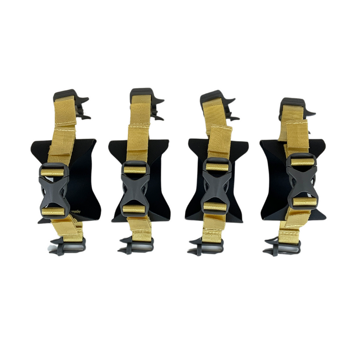 Set of four yellow straps with gray buckles.
