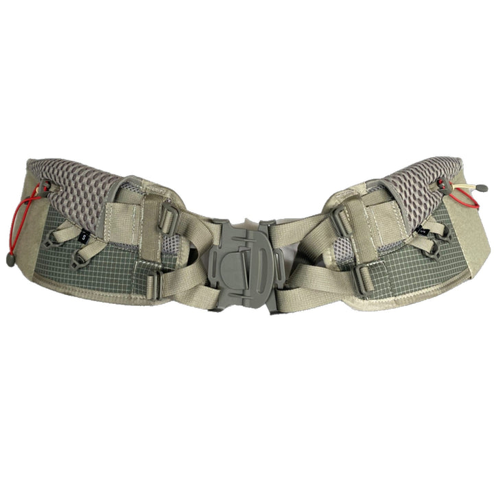 Gray hip belt for Aarn backpack with gray buckle in center