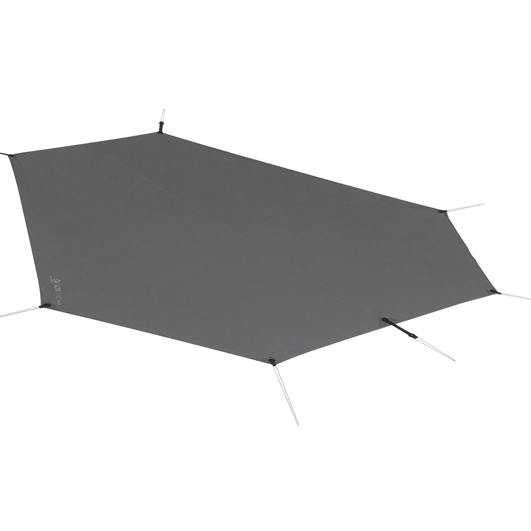 Grey hiking tent footprint on a white background