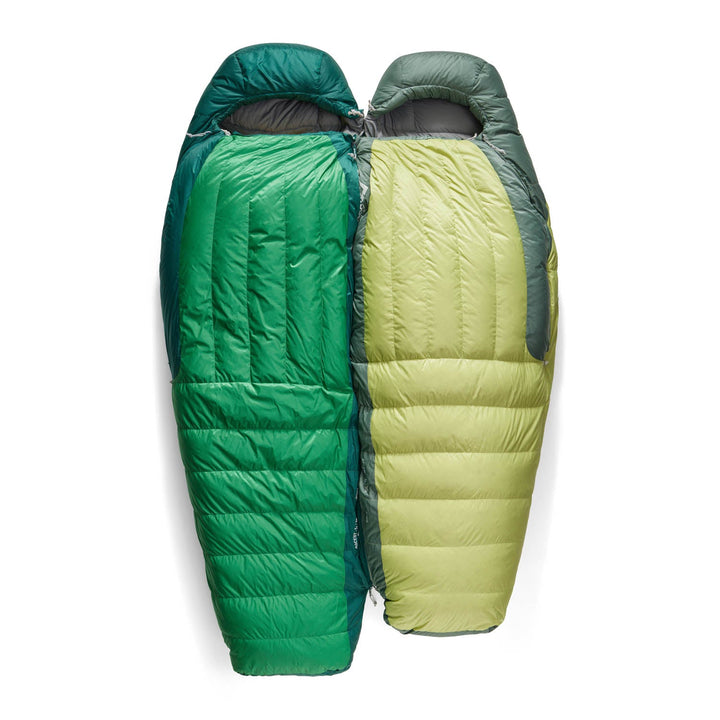 Two green sleeping bags, one larger than the other, zipped together side-by-side