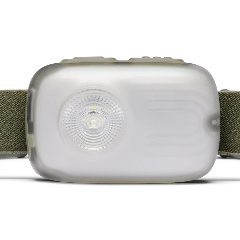 A headlamp with a translucent white plastic body and an olive green adjustable strap, shown against a plain white background.