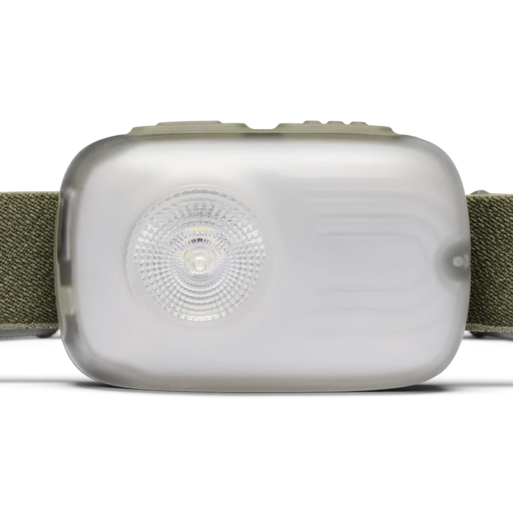 A headlamp with a translucent white plastic body and an olive green adjustable strap, shown against a plain white background.