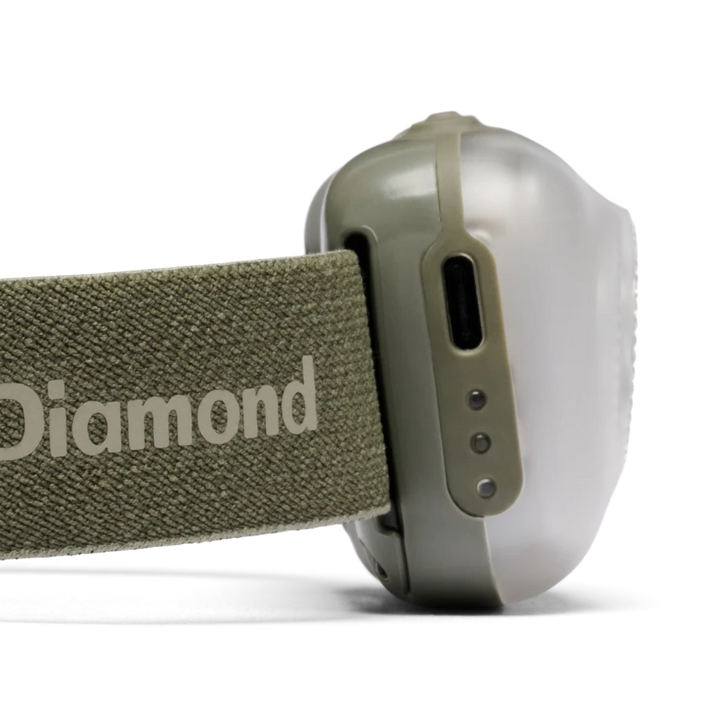 Close-up of a headlamp showing the olive green fabric strap with the brand name &