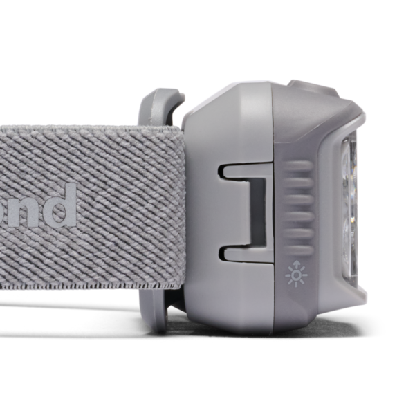 A close-up side view of a gray headlamp with a textured elastic strap, showing the side button, lens opening, and a small sun icon on a white background.