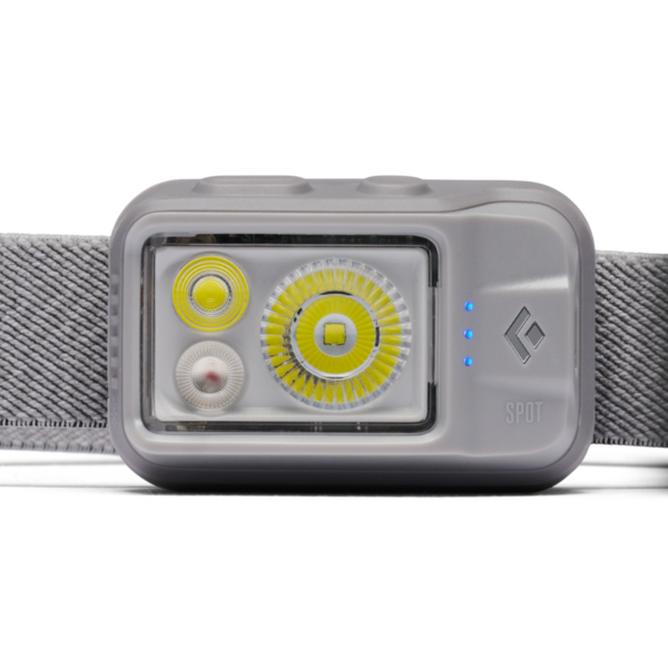 A gray LED headlamp with a textured gray strap, featuring a large yellow LED light and a smaller white LED light on the front face, with blue LED indicator lights on the side.