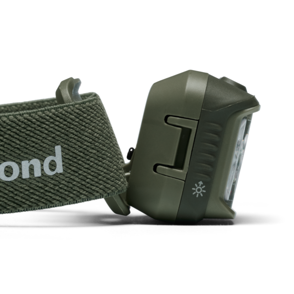 An olive green headlamp shown from a side profile view, featuring a textured fabric headband with white lettering and a dark green plastic lamp housing on a white background.