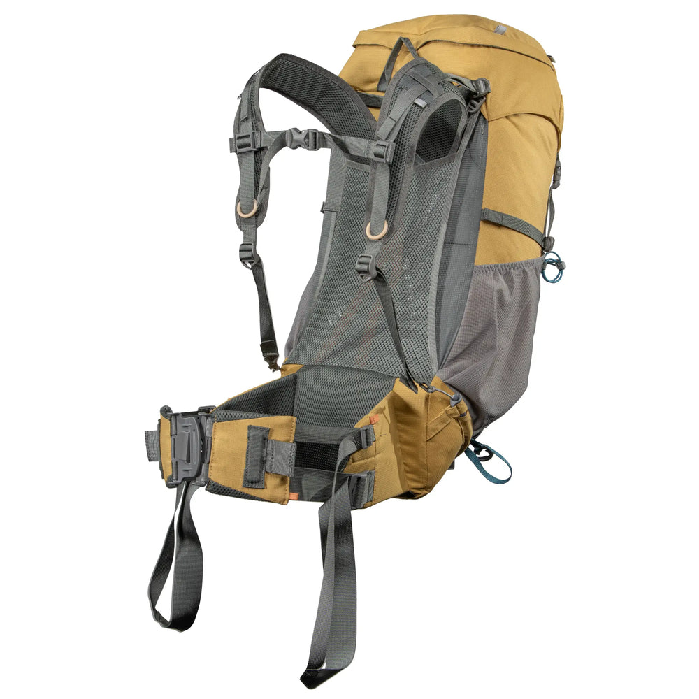 Yellow and gray hiking backpack on a white background