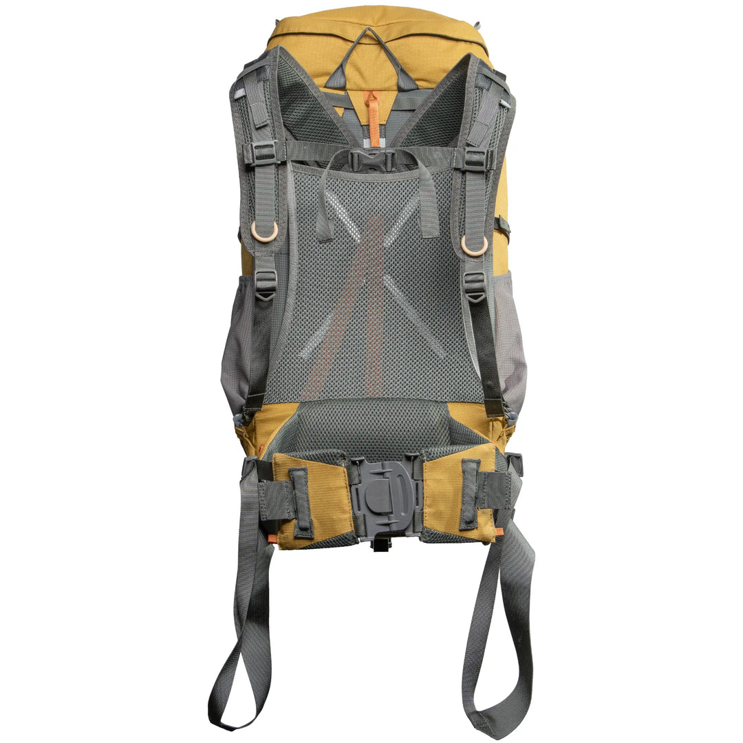 Gray and yellow hiking backpack on a white background