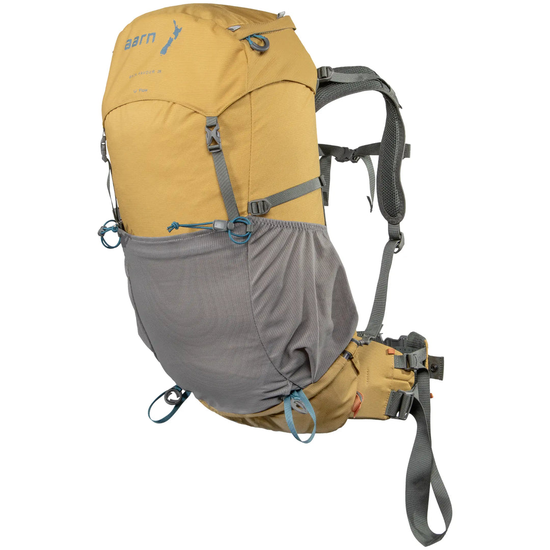 Yellow and gray backpack with visible aarn logo on a white background