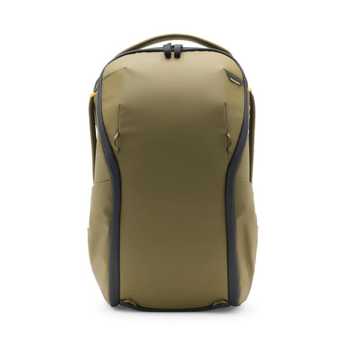 Khaki backpack with black accents on a white background