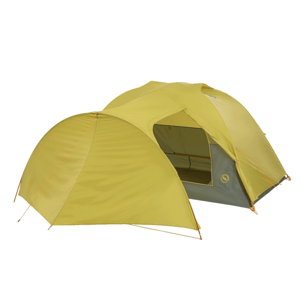 Yellow tent with open door on white background.