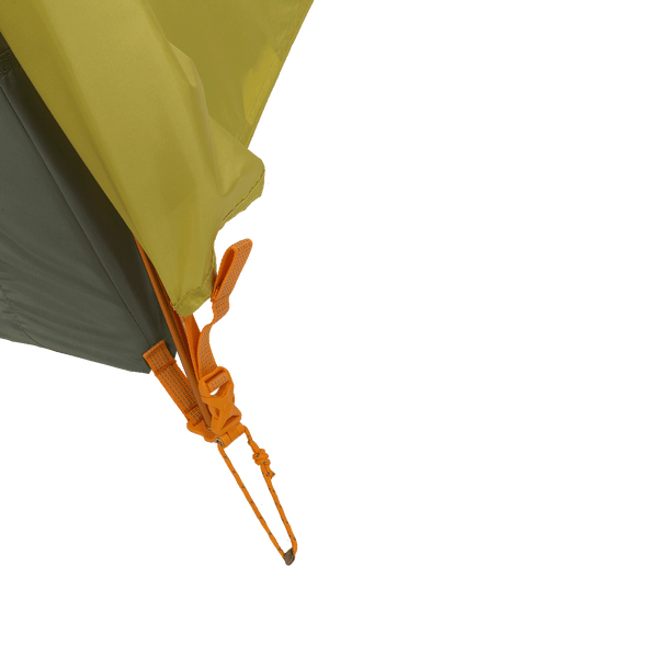 Close-up of a tent corner with orange buckle and peg loop on a white background.
