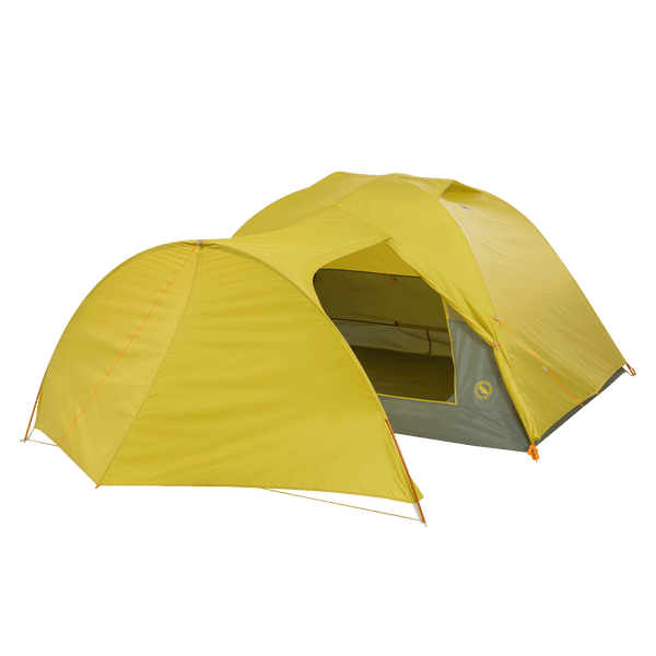 Yellow camping tent with open door on a white background