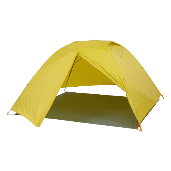 Yellow tent fly with grey footprint on white background.