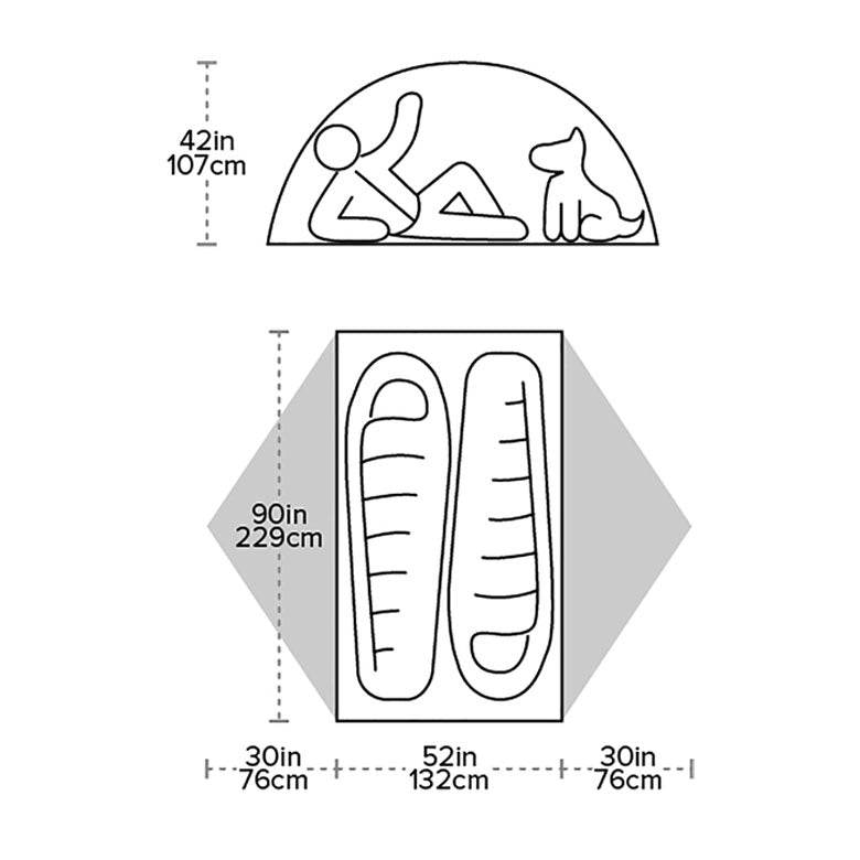 Diagram of a tent with dimensions labelled