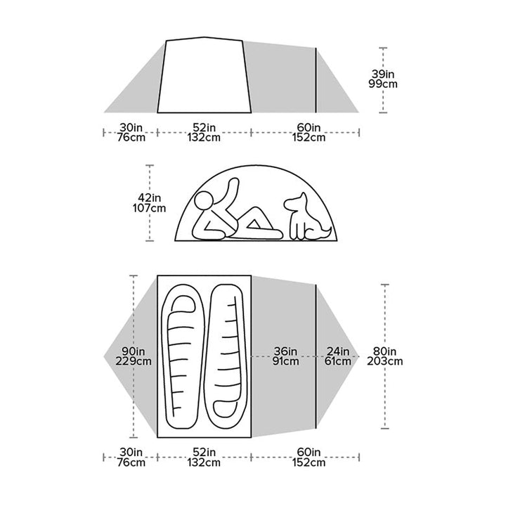 Diagram of a tent showing dimensions