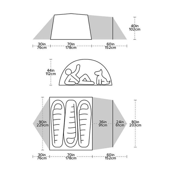 Diagram of a tent with dimensions labelled