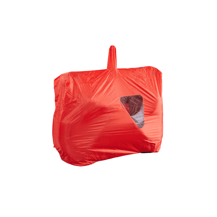 Red bothy bag with a small window and handle on top on a white background