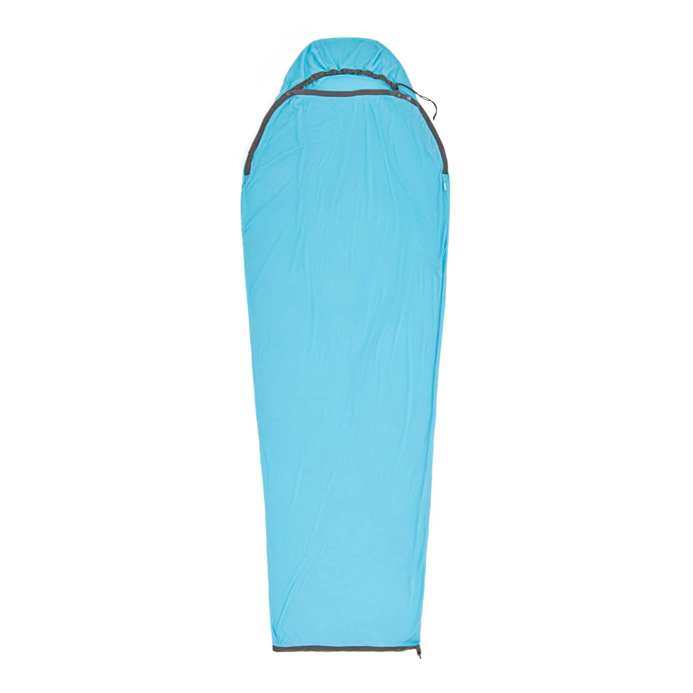 Blue mummy shape sleeping bag liner with footbox drawcord open