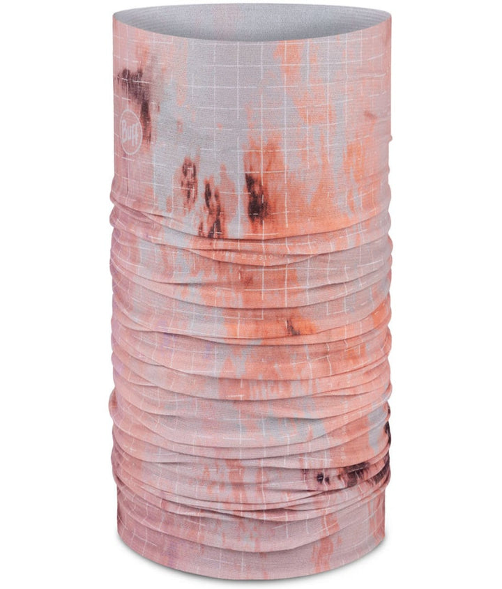A tubular neck gaiter with a pink and gray camouflage grid pattern and dark brown splatter details, shown on a plain white background.