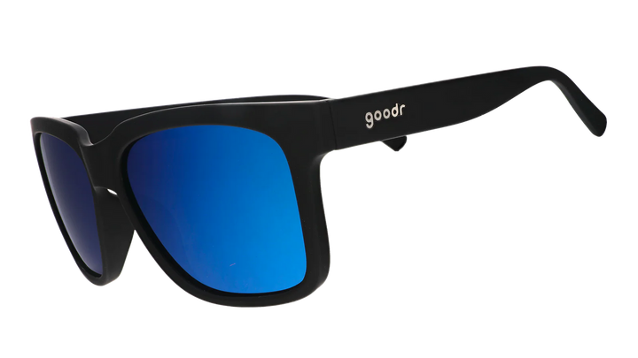 Black sunglasses with blue lenses on a white background