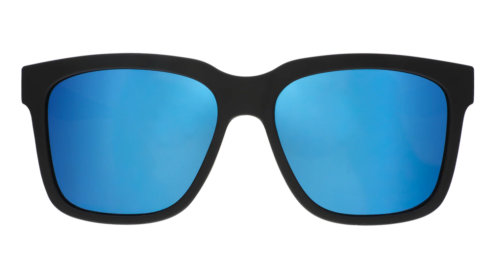 Black sunglasses with blue reflective lenses on a white background