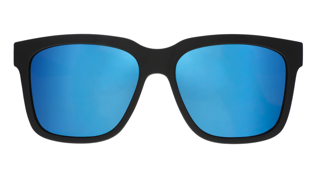 Black sunglasses with blue reflective lenses on a white background