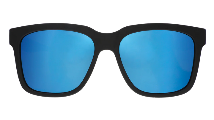 Black sunglasses with blue reflective lenses on a white background