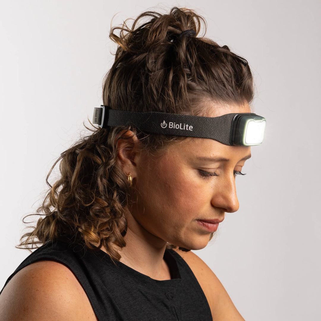 Person wearing a BioLite headlamp on a plain background