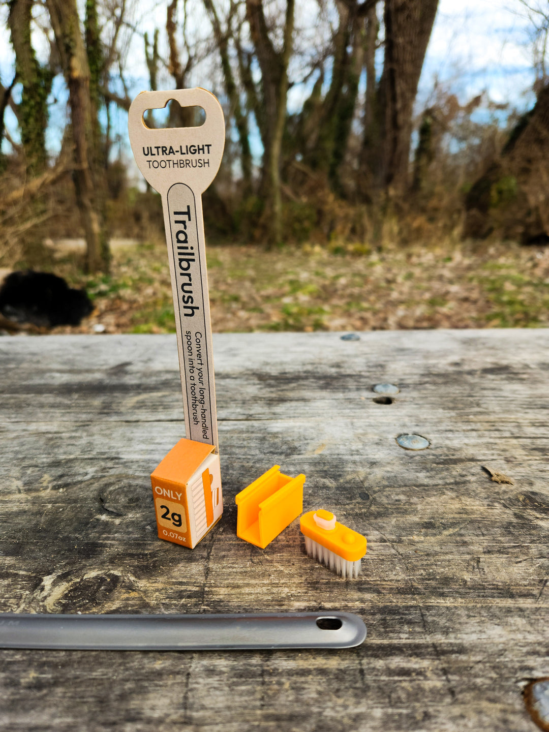 Orange toothbrush head and packaging with a natural background