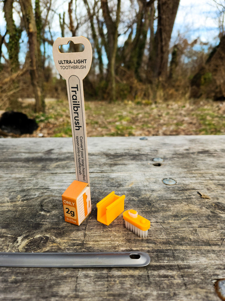 Orange toothbrush head and packaging with a natural background