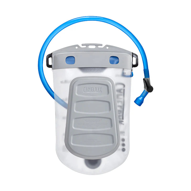 Clear CamelBak hydration bladder with blue hose on a white background