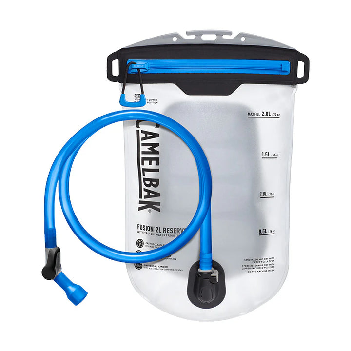 CAMELBAK Fusion 2L reservoir water bag with a blue hydration tube, shown on a clean white background.