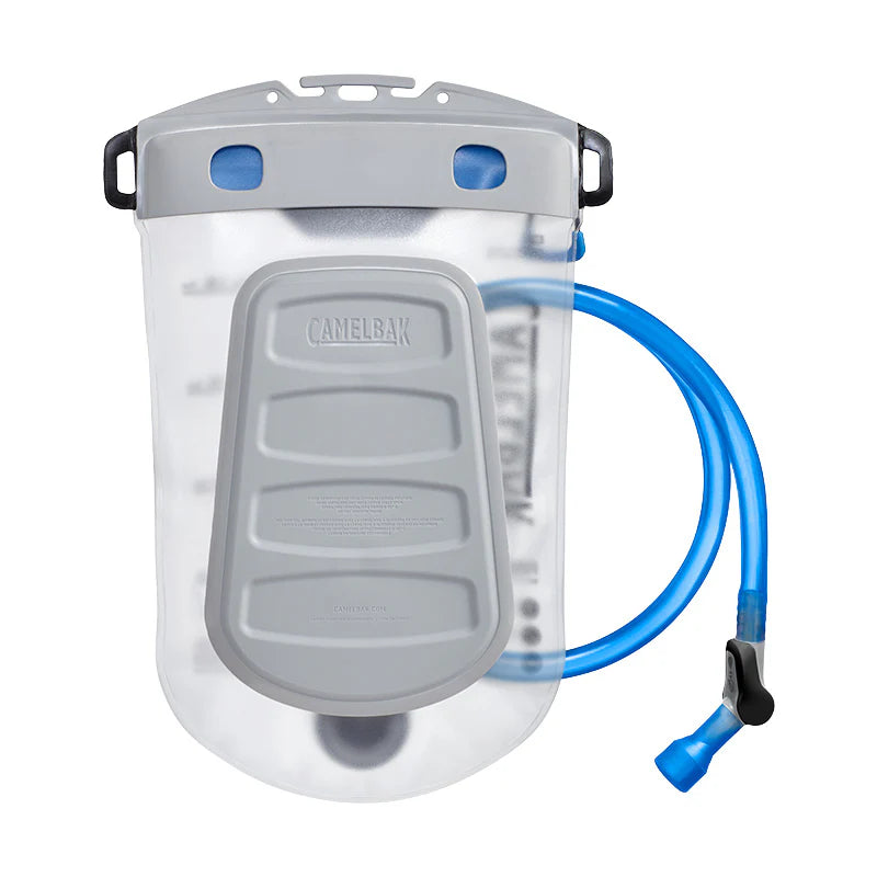 Hydration bladder with blue tube and gray valve on a white background