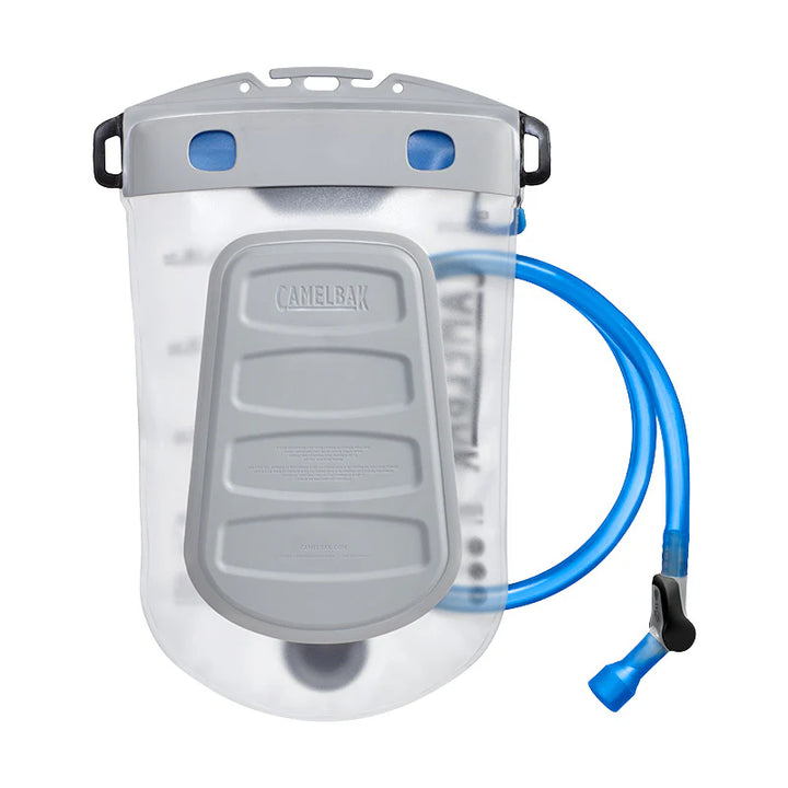 Hydration bladder with blue tube and gray valve on a white background