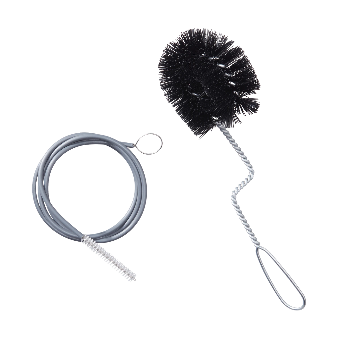 Cleaning brush with black bristle head and gray handle on a white background
