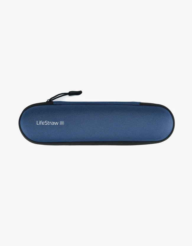 A blue zippered carrying case with a black trim and zipper pull, featuring the white 'LifeStraw' logo on the front, set against a plain light gray background.