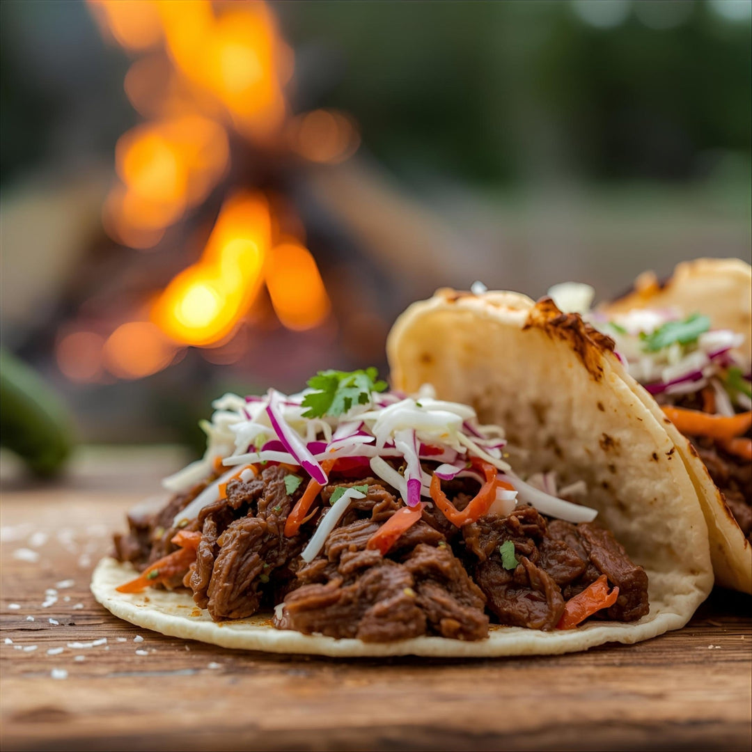 Tacos with beef and vegetables on a wooden surface with a campfire in the background