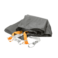 Folded grey hiking tent foot print with orange and grey webbing attachments
