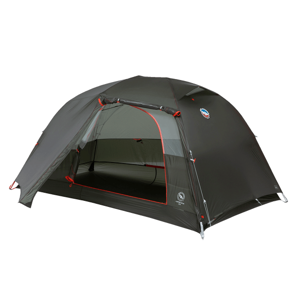 Dark green hiking tent with one door rolled up and away at the top of the entrance