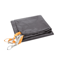 Folded grey hiking tent foot print with orange and grey webbing attachments